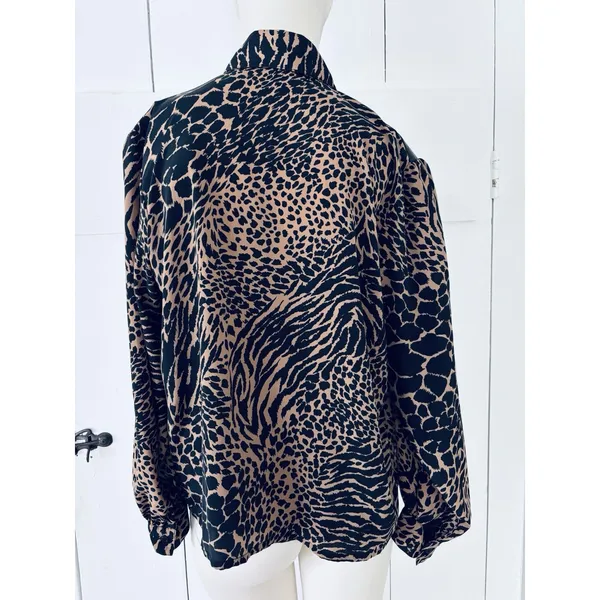 Vintage 80s Animal Print Women's Size 7/8 Blouse Top Shirt - Faux Leather Retro - Image 2