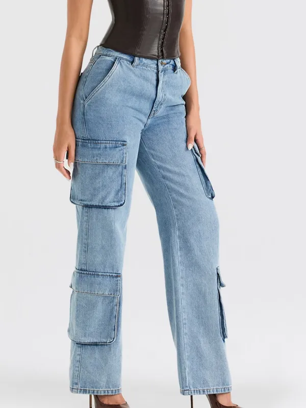House of CB Light Wash Wide Leg Utility Cargo Denim Blue Jeans XS - Image 2
