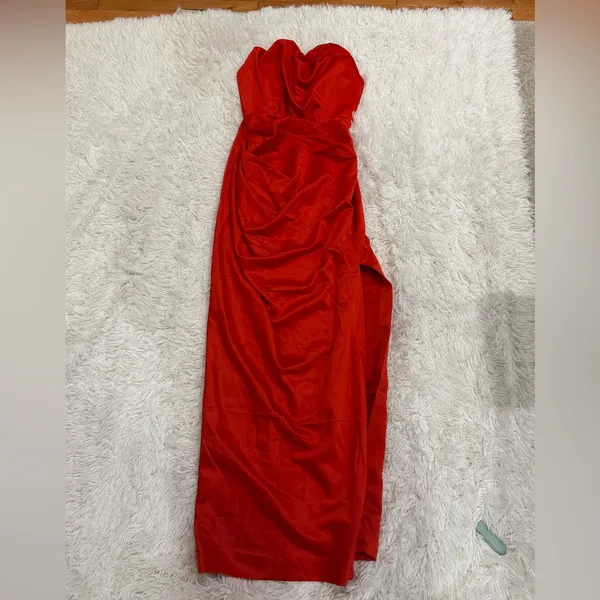 House of CB ADRIENNE Scarlet Satin Strapless Gown in red - Image 9