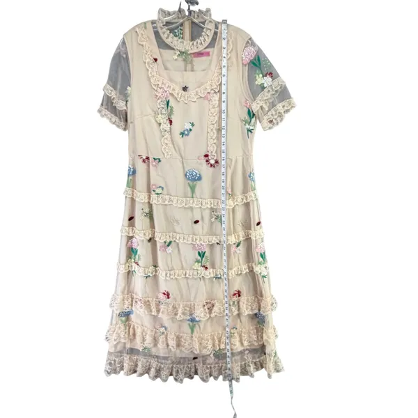 Cottagecore‎ Lace Tiered Midi Dress Embroidered Floral Prairie Fairy 2extremz L - Image 8