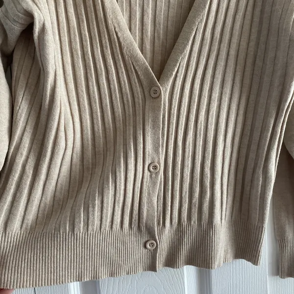 Vila Milano Womens Large‎ Tan Ribbed Knit Cardigan Daisy Embroidery Clean Girl - Image 5