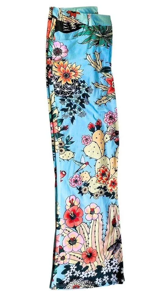 NWT ~ Blue Vintage Look Groovy 70's Polyester Floral Birds Flare Leg Pants ~ L - Image 4