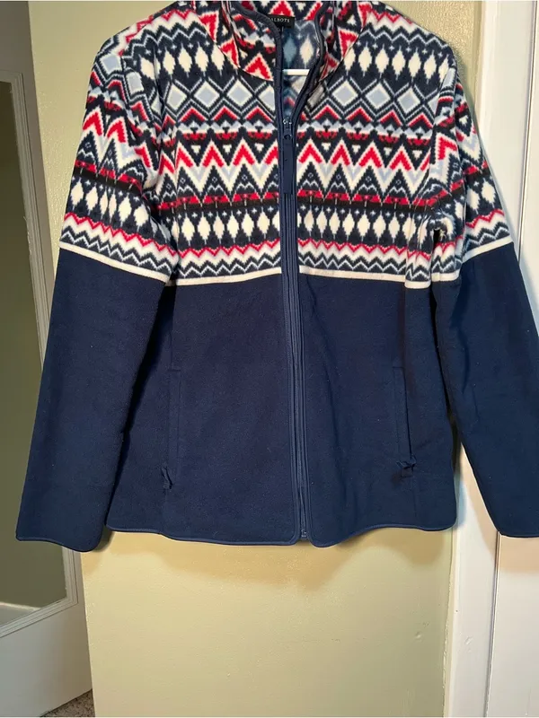Talbots Women's Size Medium Fair Isle‎ Polar Fleece Jacket Navy Blue Full Zip - Image 5