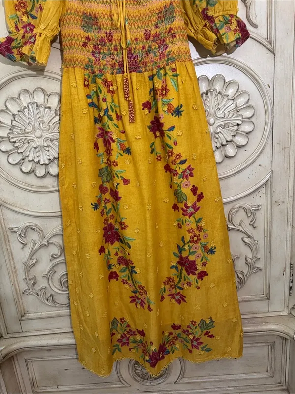 Farm Rio Boho Floral Dream Yellow Smocked Midi Dress - Sz Small - Image 5