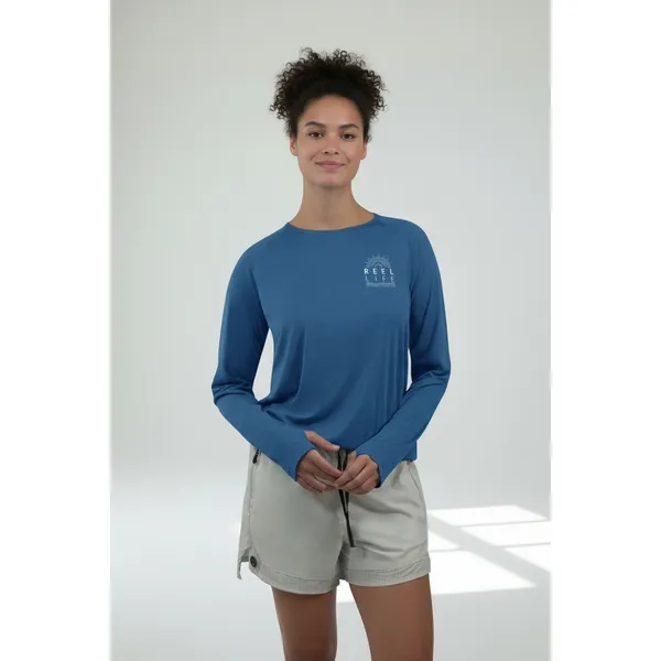 Reel Life Womens UV T-Shirt Size L Navy UPF Sun Protection Thumbholes Fishing - Image 3