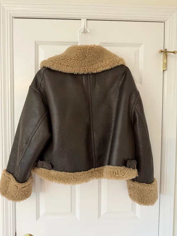 Zara short faux shearling leather brown crop jacket - Image 3