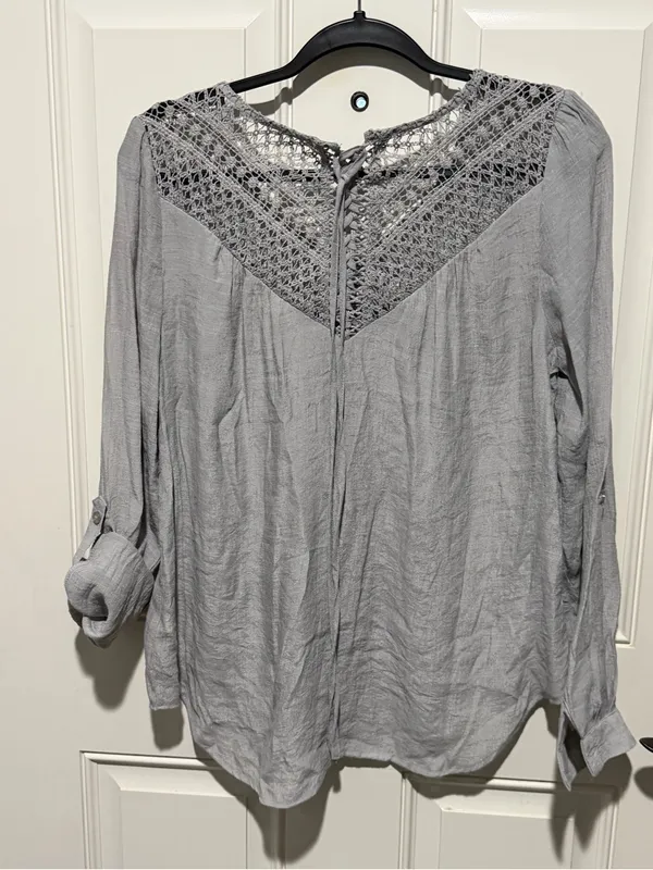 Sweet Wanderer Light‎ Gray Crochet Yoke Blouse - Image 3