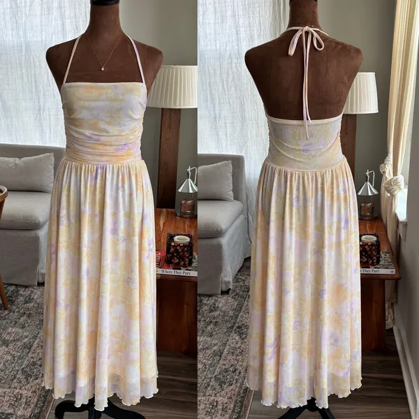 Pastel Watercolor Floral Mesh Halter Midi Dress Ruched Summer Girly Whimsy Small - Image 3