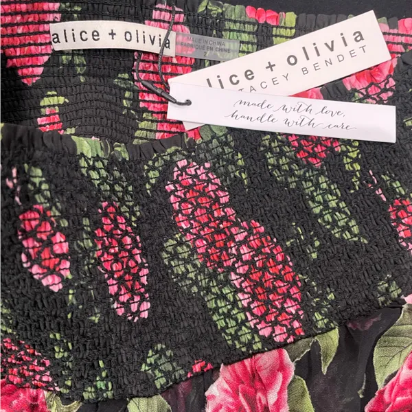 NWT ALICE + OLIVIA Zarya Asymmetrical Smocked Mini Skirt Cheri Floral Sz 2 $395‎ - Image 6