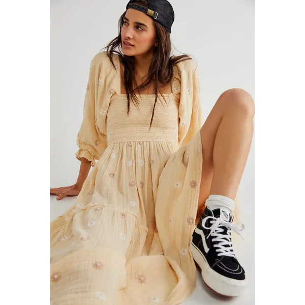 Free People Dahlia Embroidered Maxi Dress Sand Gauzy Smocked Size Small Cotton - Image 15