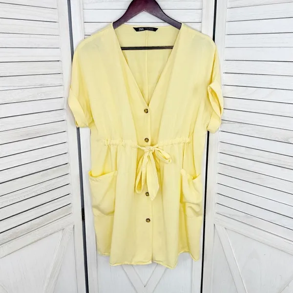 Zara Button Front Tie Waist Shirt Dress‎ Yellow XS Cap Sleeve - Image 10