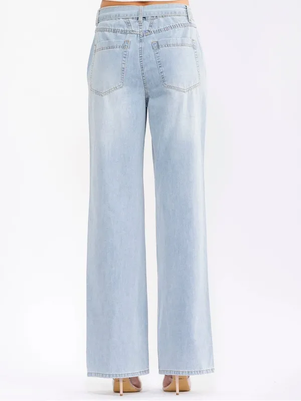 Nordstrom WOMEN'S BUTTON CLOSURE POCKETS RHINESTONES BELTED WIDE LEG DENIM PANTS - Image 4