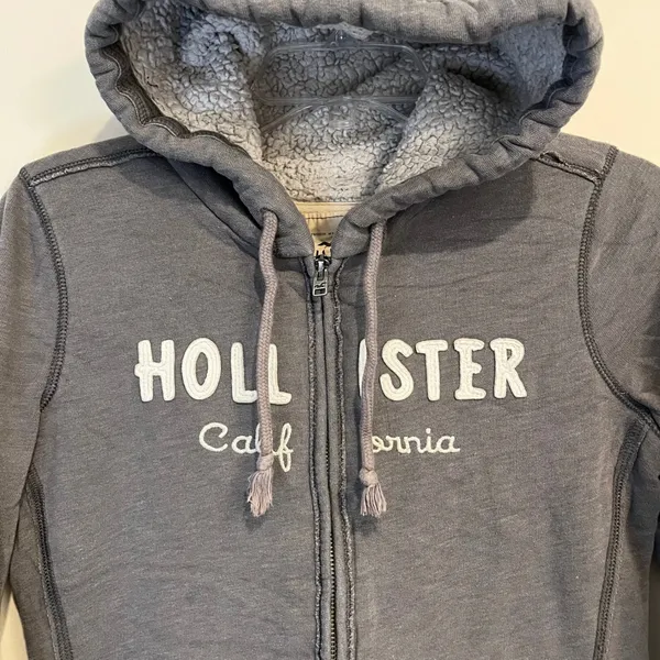 VTG Y2K Hollister Hoodie Sweatshirt Full Zip Fleece Sherpa Lined Gray Size Small - Image 3