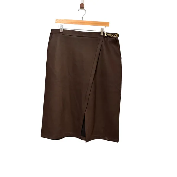 Marc New York Andrew Marc Brown Faux Leather Wrap Midi Skirt Gold Chain M3MSE247 - Image 2