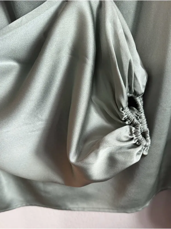 Line & Dot Satin Mock Neck Blouson Top - Sage Green - Image 8