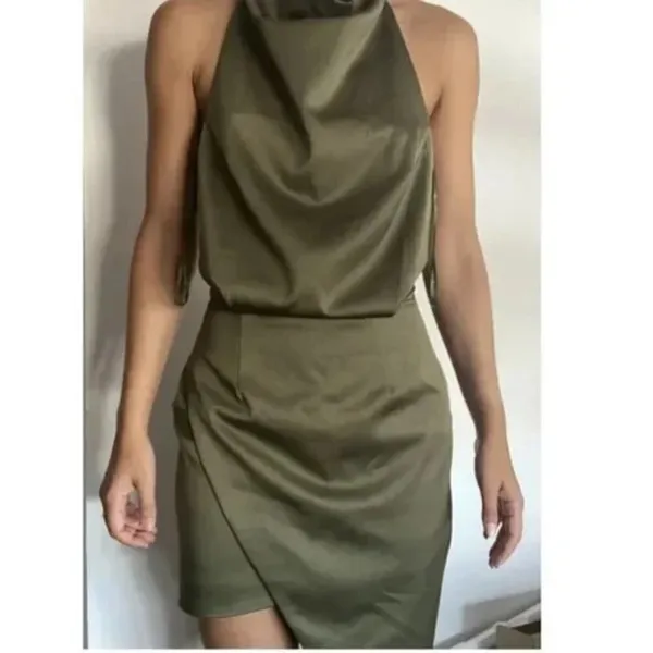 ELLIATT Camo Asymmetric Satin Cocktail Dress in Khaki Size X-Small - Image 4