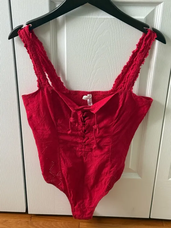 Free People Make Me Up Red Eyelet Bodysuit - Image 2