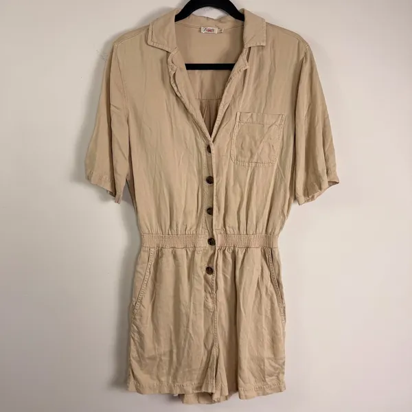 Faherty Arlie Day‎ Tan Linen Blend Button Front Short Sleeve Romper Size Small - Image 4