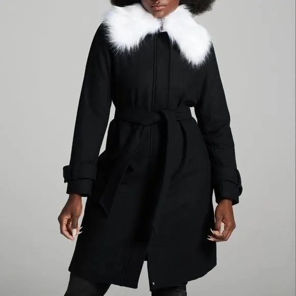 Gabrielle Union NWT Black Wool Blend Belted Coat Removable Faux Fur‎ Collar XS - Image 2