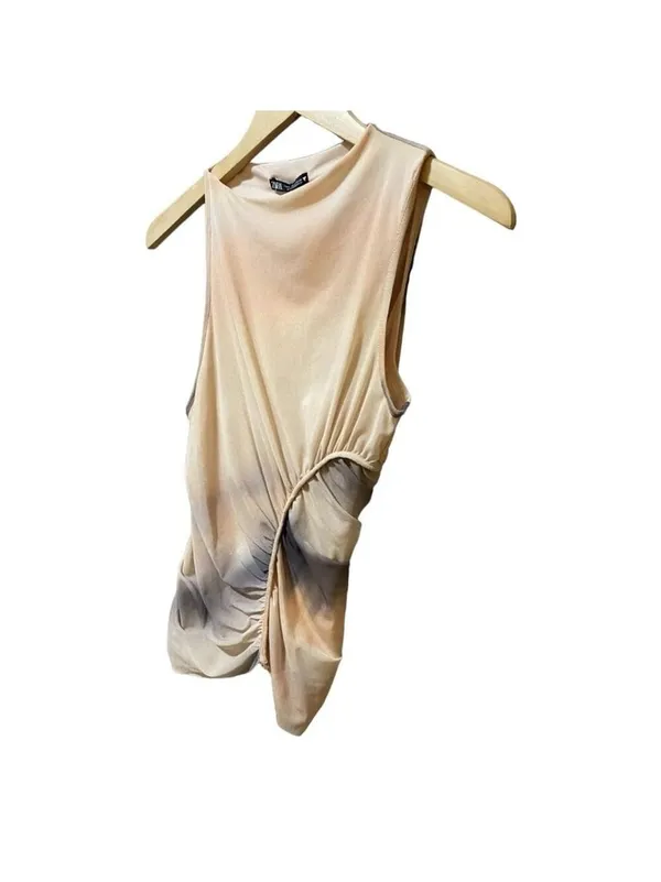ZARA Women Sleeveless Asymmetrical Ruched Mesh Top Size S Peach/Black Dyed M - Image 4