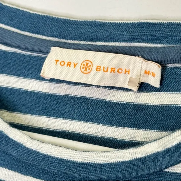 Tory Burch 100% Linen Stripe Minimalist Crew Neck Long‎ Sleeve Shirt Hem Medium - Image 7