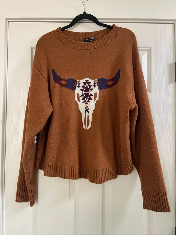 Women’s Wrangler Retro Steer Head Longhorn Skull Sweater Western Aztec Knit‎ L - Image 2
