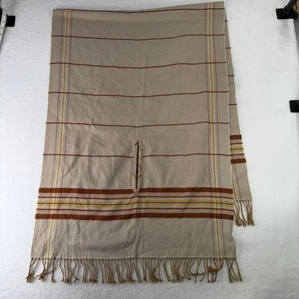 Madewell Placed Plaid Cape Scarf Poncho Fringe Armholes Beige Brown K4535 Preppy - Image 4