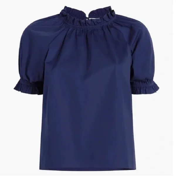 NEW Hill House The Kit Top Puff Sleeve Ruffle Navy Blue Boho Preppy Old Money XS New no tags Measurement in pics - Image 5
