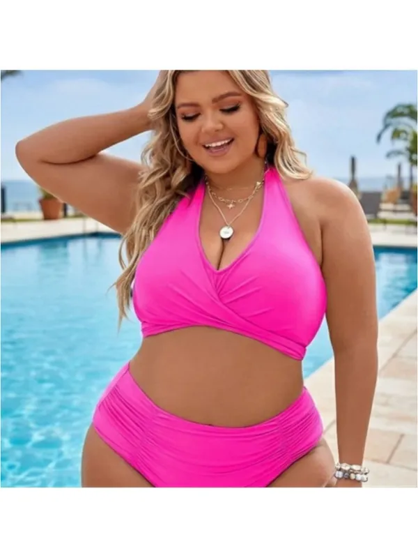 NEW SheCurve Swimwear Vibrant Pink High Waisted Halter Bikini Set XL NWT - Image 2