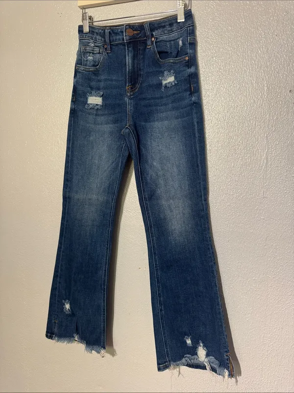 Risen Jeans Distressed High Waisted Flare Raw Frayed Shadow Hem 0/24 - Image 2