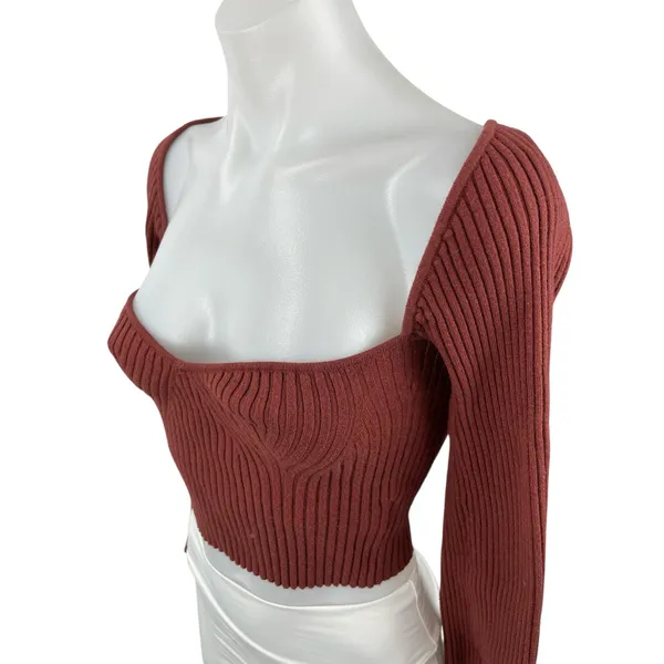 Urban Outfitters Brown Ribbed Knit Long Sleeve Bustier Corset Crop Top Size M - Image 3