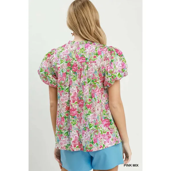 Umgee‎ Floral Puff Sleeve Blouse - Pink mix - Medium - Image 3