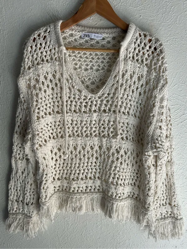 ZARA Cream Crochet Open Knit Fringe Hoodie Sweater Granola Gritty Boho Medium - Image 2