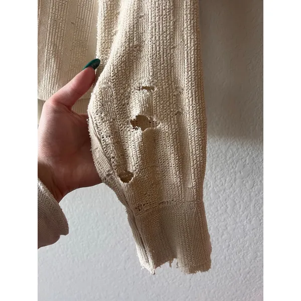 Mystree Distressed Thermal Henley Split V Neck Raw Edge Sleeves Boho - Image 4