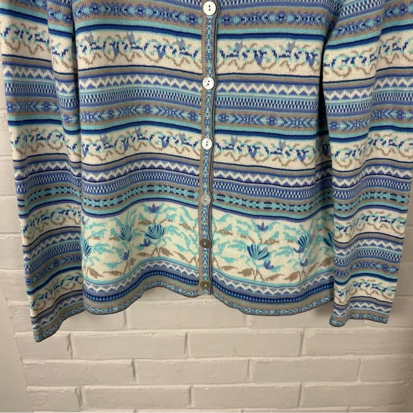 Blue Patterned Knit Cardigan Sweater Size L - Image 4