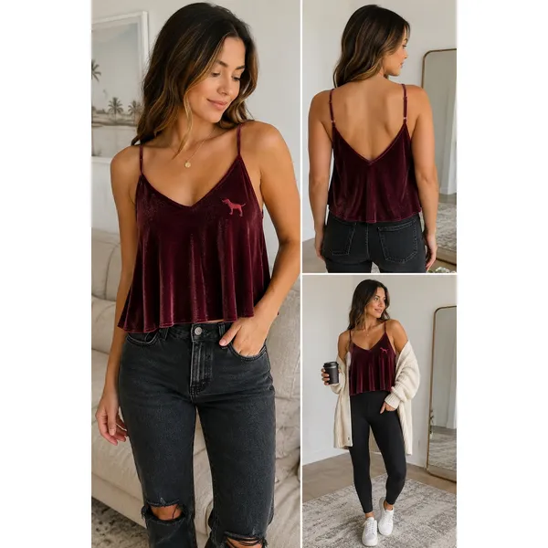 PINK Victoria's Secret Velvet Cami Womens M Burgundy Swing Spaghetti Strap Dog - Image 2