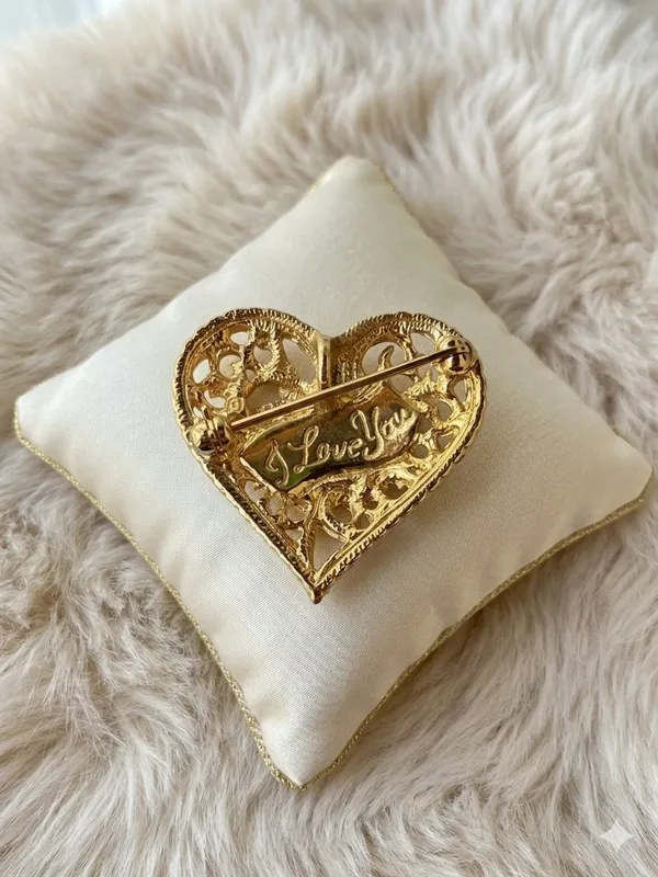 Vintage Gold Tone Heart Brooch I Love You Floral Enamel Rhinestone Pin - Image 2