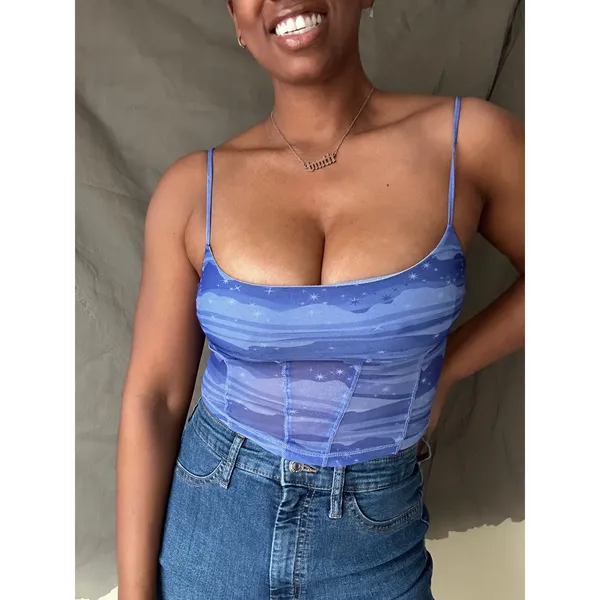 Urban Outfitters Blue Celestial Mesh Corset Cropped Tank Size Small - Image 2
