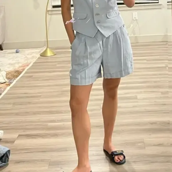 Michael Kors Blue Linen Trouser Shorts SIZE 10 Pleated Wide Leg Designer $125 - Image 4