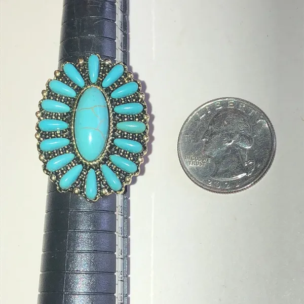 Antique Gold Tone Faux Turquoise Sunburst Statement Ring - Blue Stone - Image 4