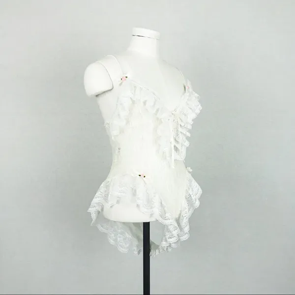Vintage Ruffled Lace-Up Lace Bodysuit Lingerie in White | Size S - Image 6