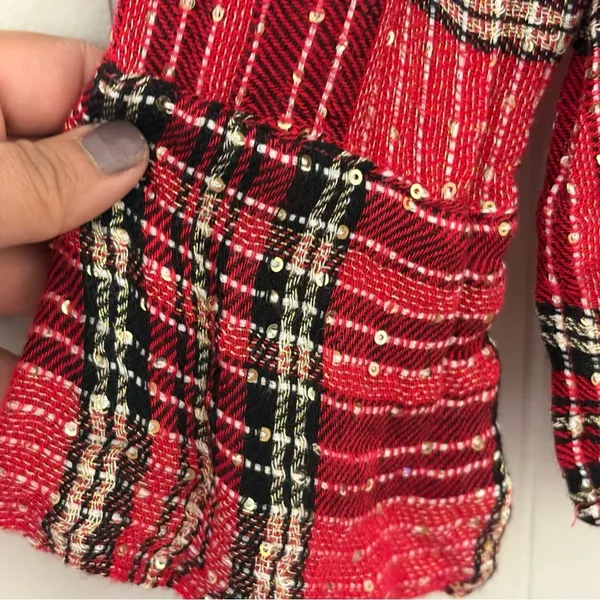 Free People Fearless Love Tunic XS Red Plaid Metallic Bell Sleeve Boho Top - Image 7