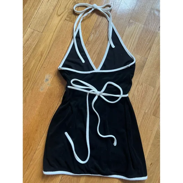 Nia Black Halter Wrap Mini Dress with White Piping Size Medium - Image 5