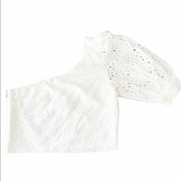 TopShop One Shoulder Floral Lace Puff Sleeve Top 4 White Ivory Autumn v6x Cream - Image 3