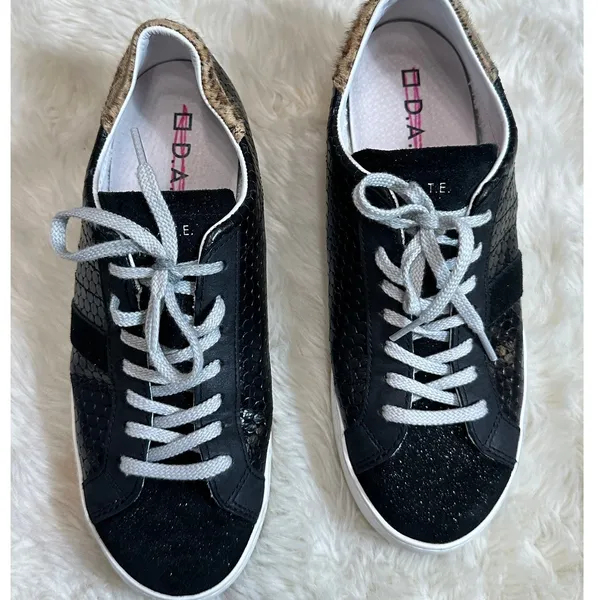 D.A.T.E.‎ Curve Sneakers 7 Black Leather Glitter Snake Print Platform Shoes - Image 2