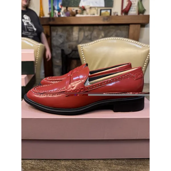 Franco Sarto Women's Red Patent Leather Eden Studded Loafers Slip On Size 8 - Image 6