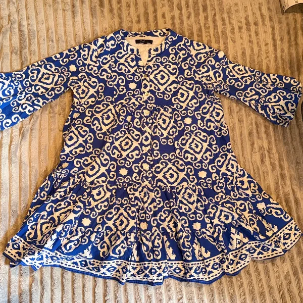 Calessa Blue‎ White Ikat Damask Tiered Cotton Mini Dress L Lined Flare Sleeve - Image 2