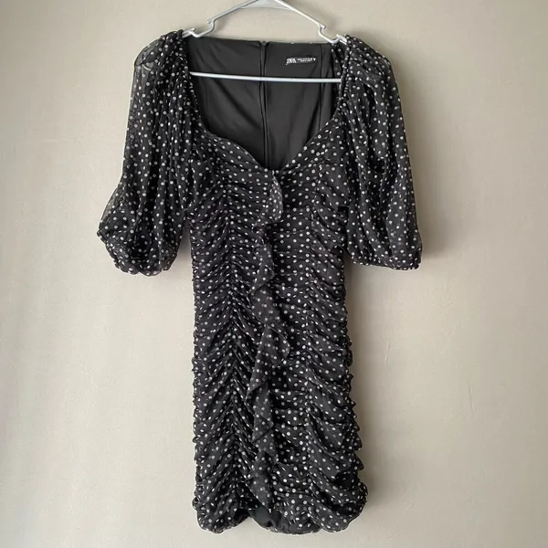 ZARA Polka Dot Ruched Mini Dress M Black‎ - Image 3