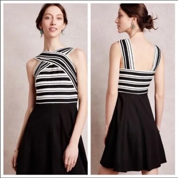 Anthropologie Maeve NWT Black White Crosswise Flare Bandage Dress‎ Size 2 - Image 2