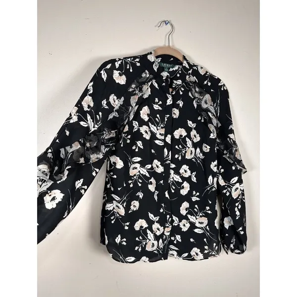 Lauren‎ Ralph Lauren Womens Small Shirt Floral Long Sleeve Ruffled Blouse Black - Image 7